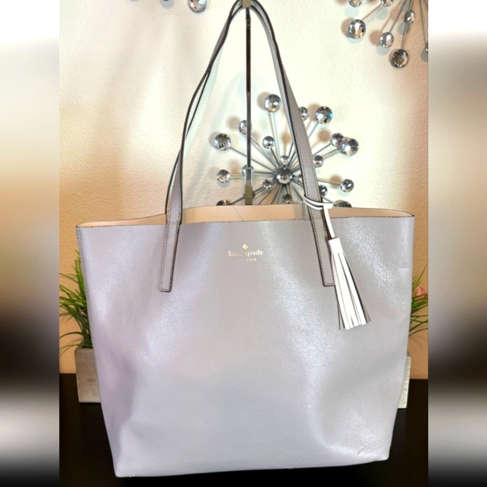 Kate Spade Lakeland Drive Marina Reversible Leather Tote Gray Tassel